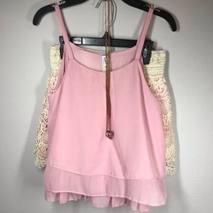 Pink Ruffle Tank Crochet Shorts 3 Piece Set